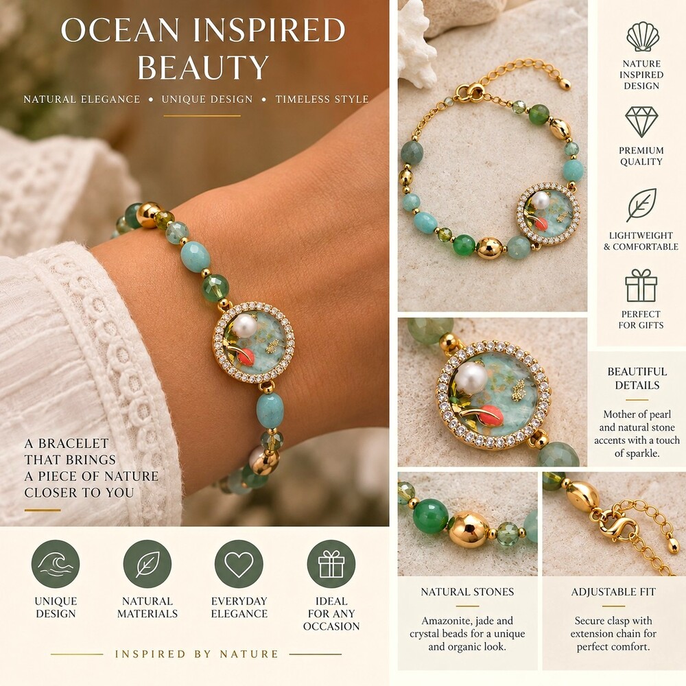 Adjustable Beaded Charm Bracelet Jade & Crystal Round Beads, Gold Beach